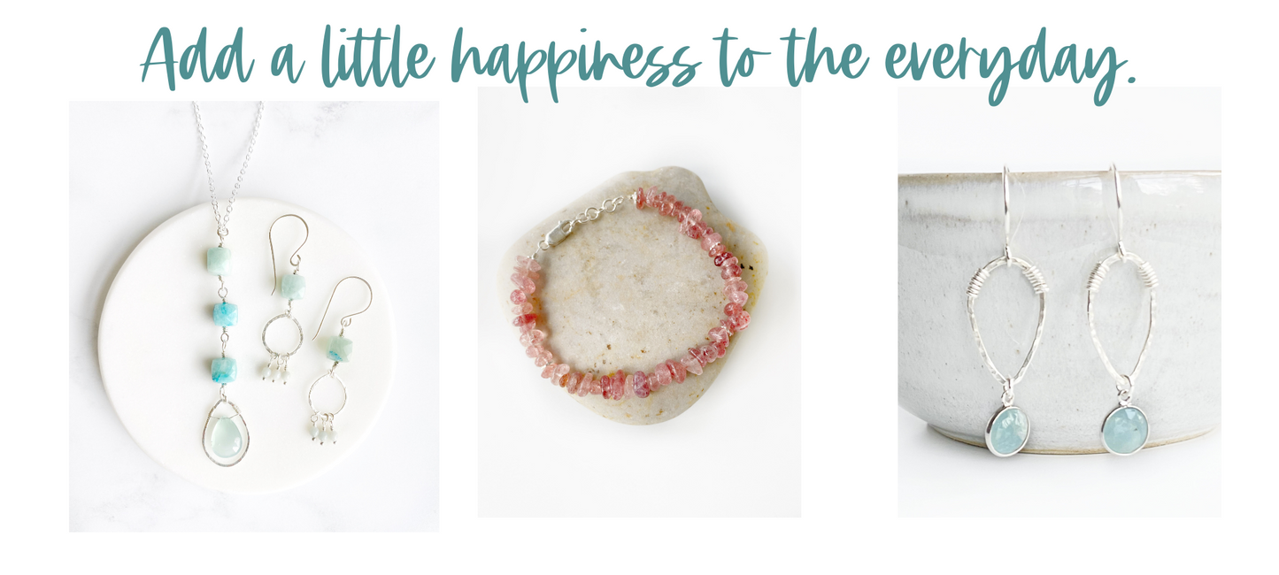 the pictures of THD jewelry, amazonite square beads wire wrapped to each other other with aquamarine and sterling, a strawberry quartz chips and sterling bracelet and aquamarine and sterling silver upside down teardrops earrings with the text "add a little happiness to the everyday