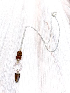 Smoky quartz, amber long sterling casual everyday necklace