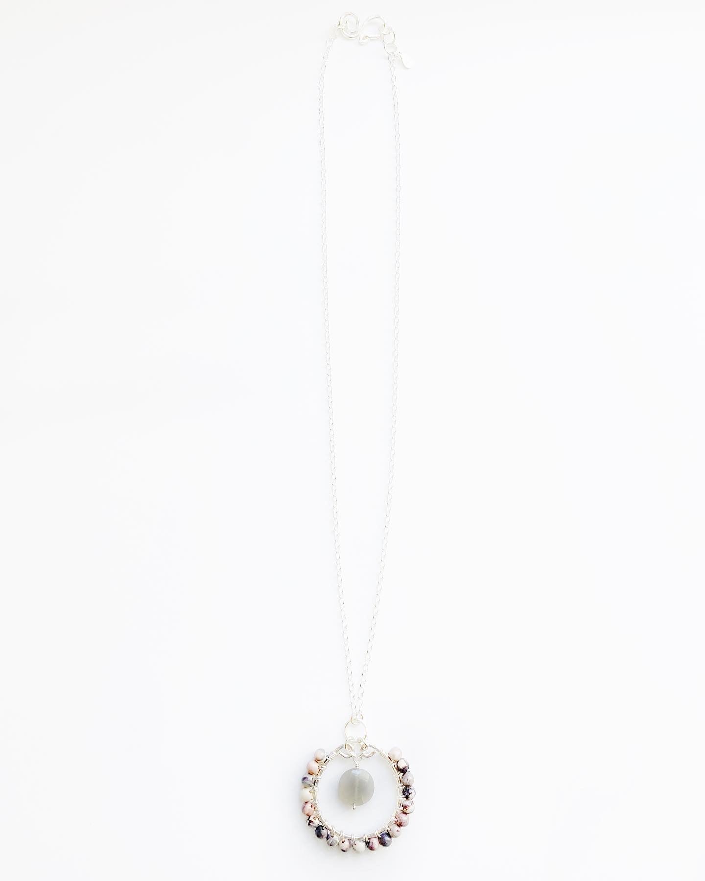 Porcelain Jasper, Grey Moonstone, Sterling silver wire wrapped pendant necklace
