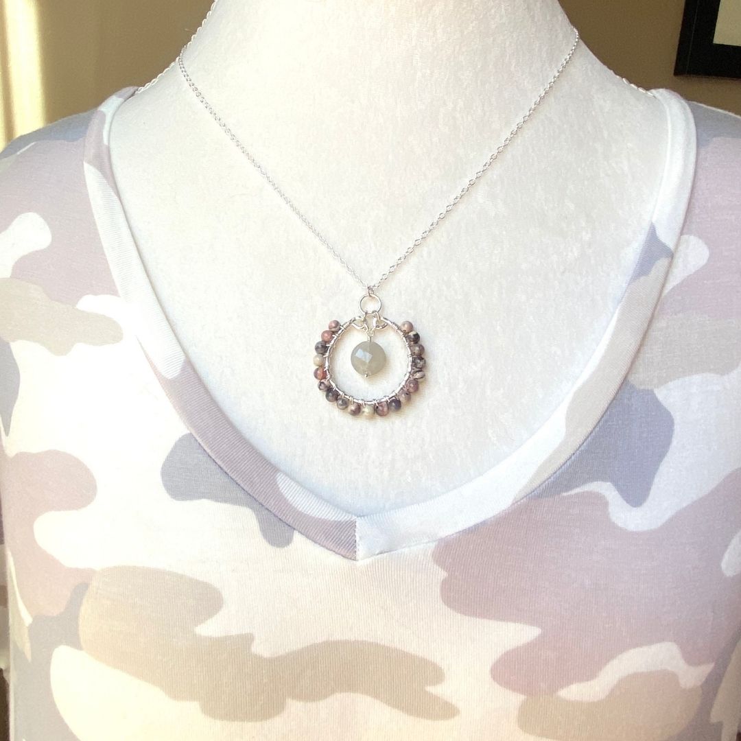 Porcelain Jasper, Grey Moonstone, Sterling silver wire wrapped pendant necklace