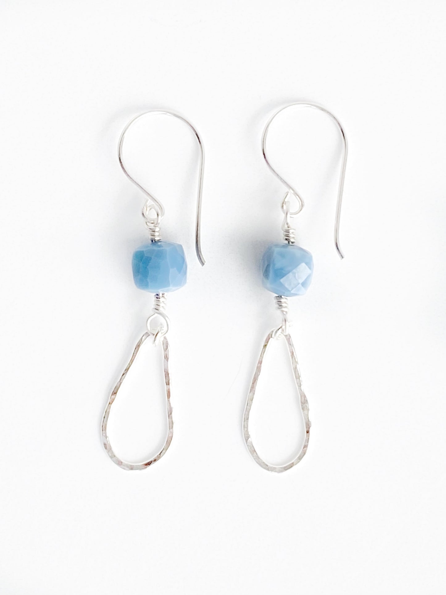 Blue Drops Earrings Denim Blue Opal square bead wire wrapped to silver teardrop component