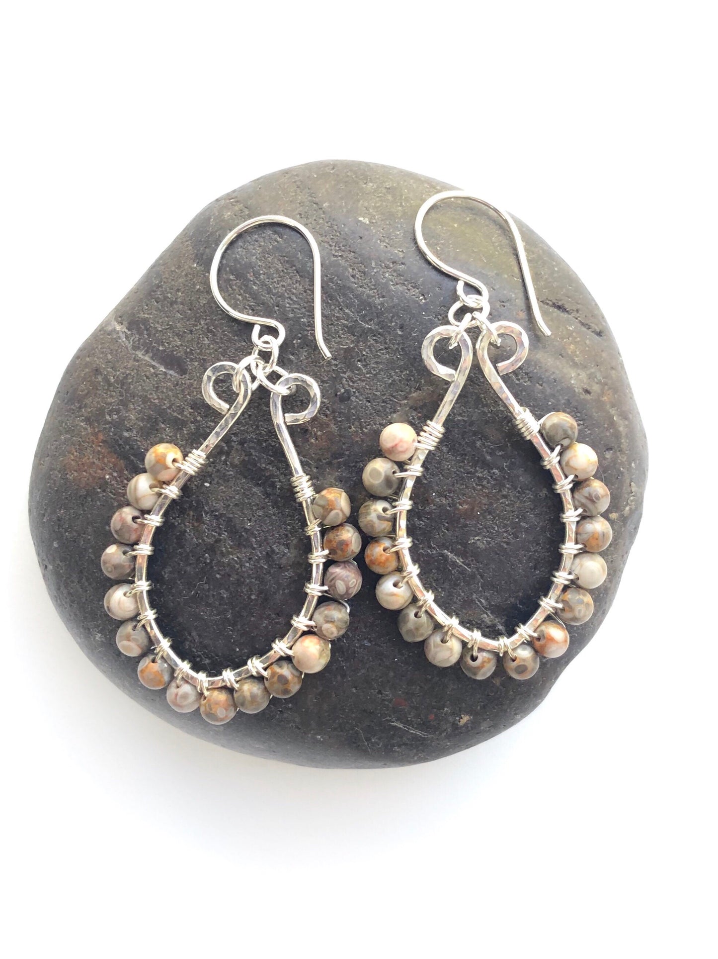 Wire wrapped maifanite and sterling silver earrings