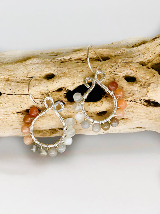 Wire Wrapped Multi Moonstone and Sterling Silver Earrings