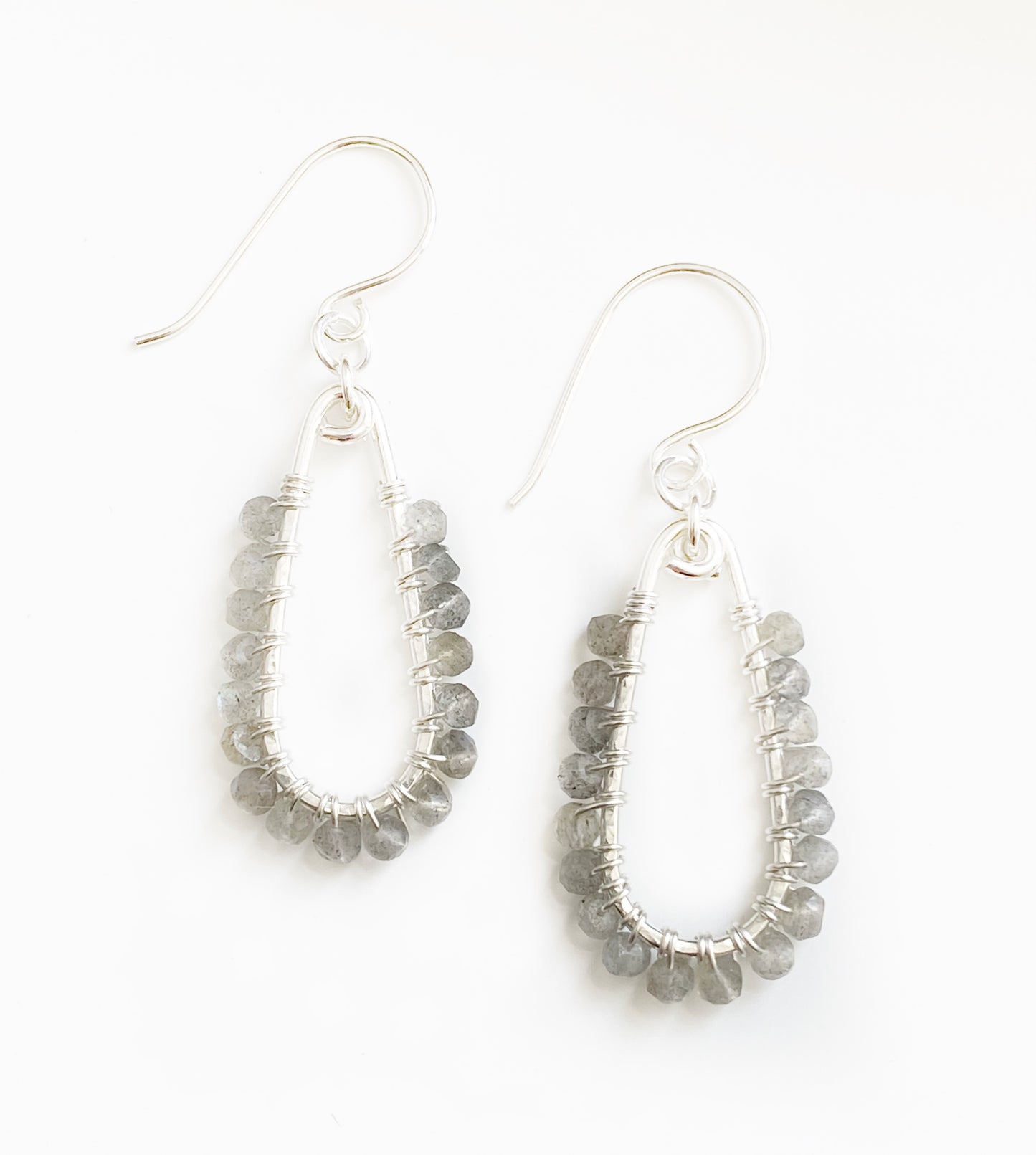 Labradorite wire wrapped sterling silver earrings.
