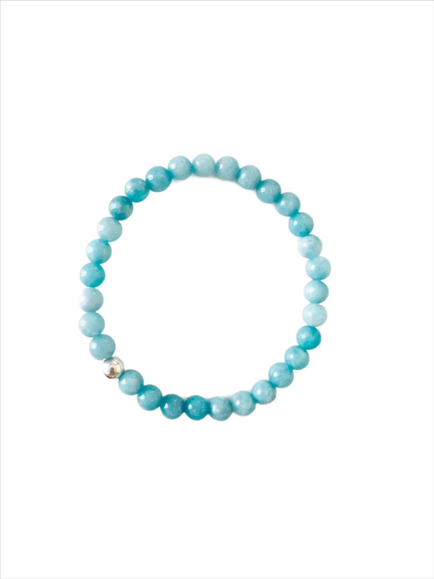Minimalist everyday Blue Chalcedony stretch bracelet with one Sterling Silver bead