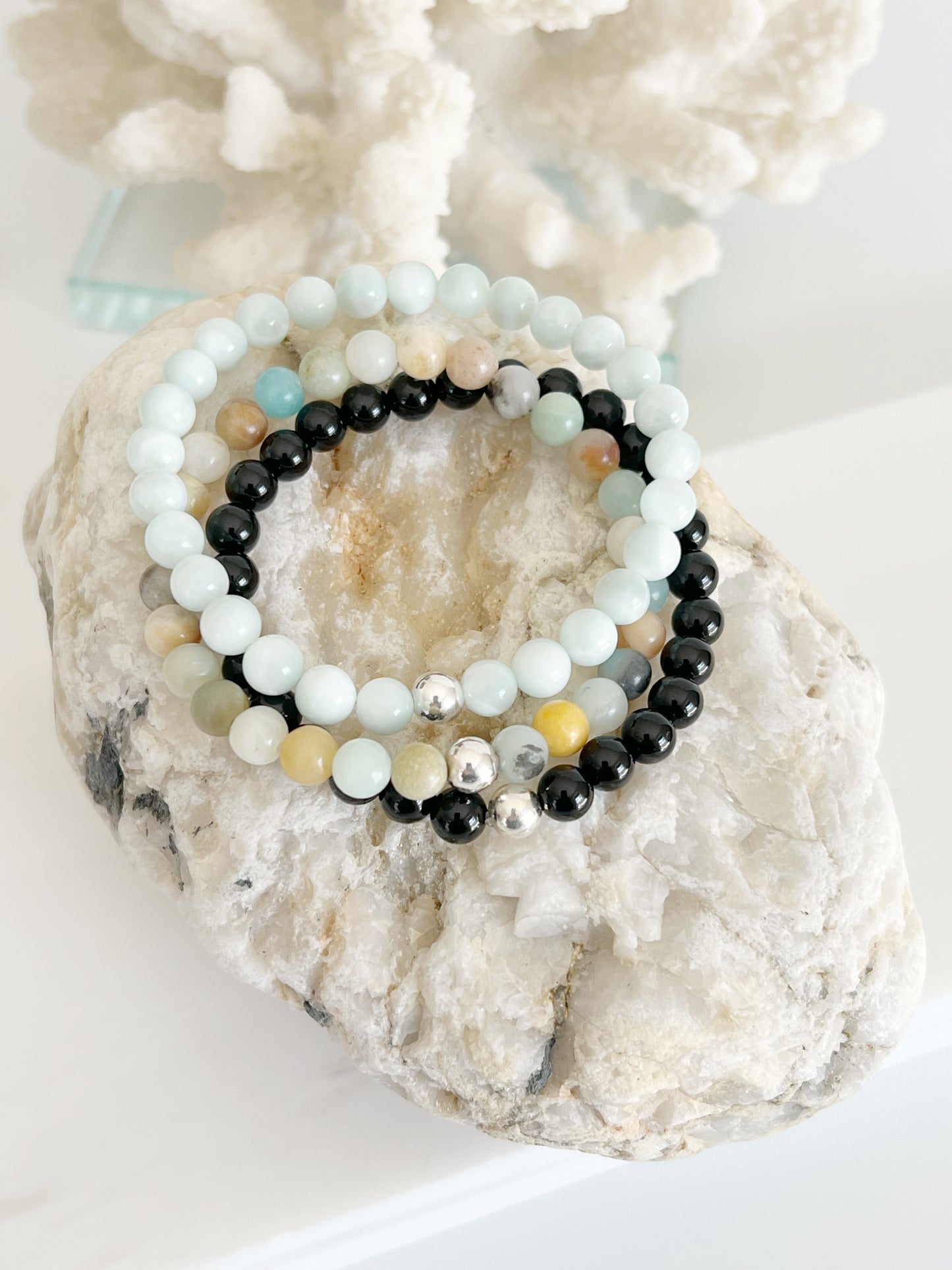 Modern colorful three gemstone stretch bracelet stack with Black Onyx Amazonite and Green Moonstone