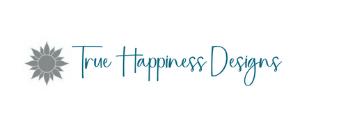 True Happiness Designs Logo grey sunburst with dark teal cursive lettering
