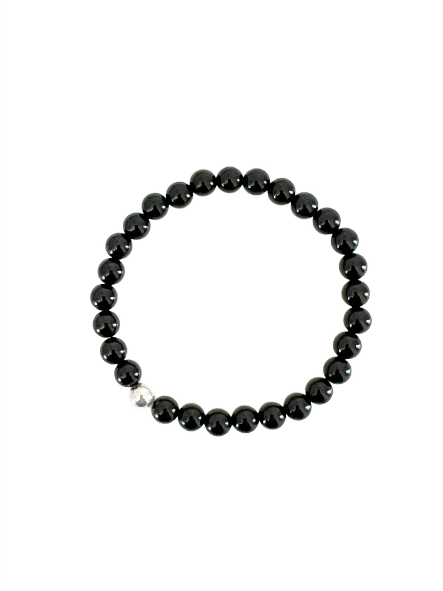 black onyx round beaded stretch bracelet with one sterling silver round bead