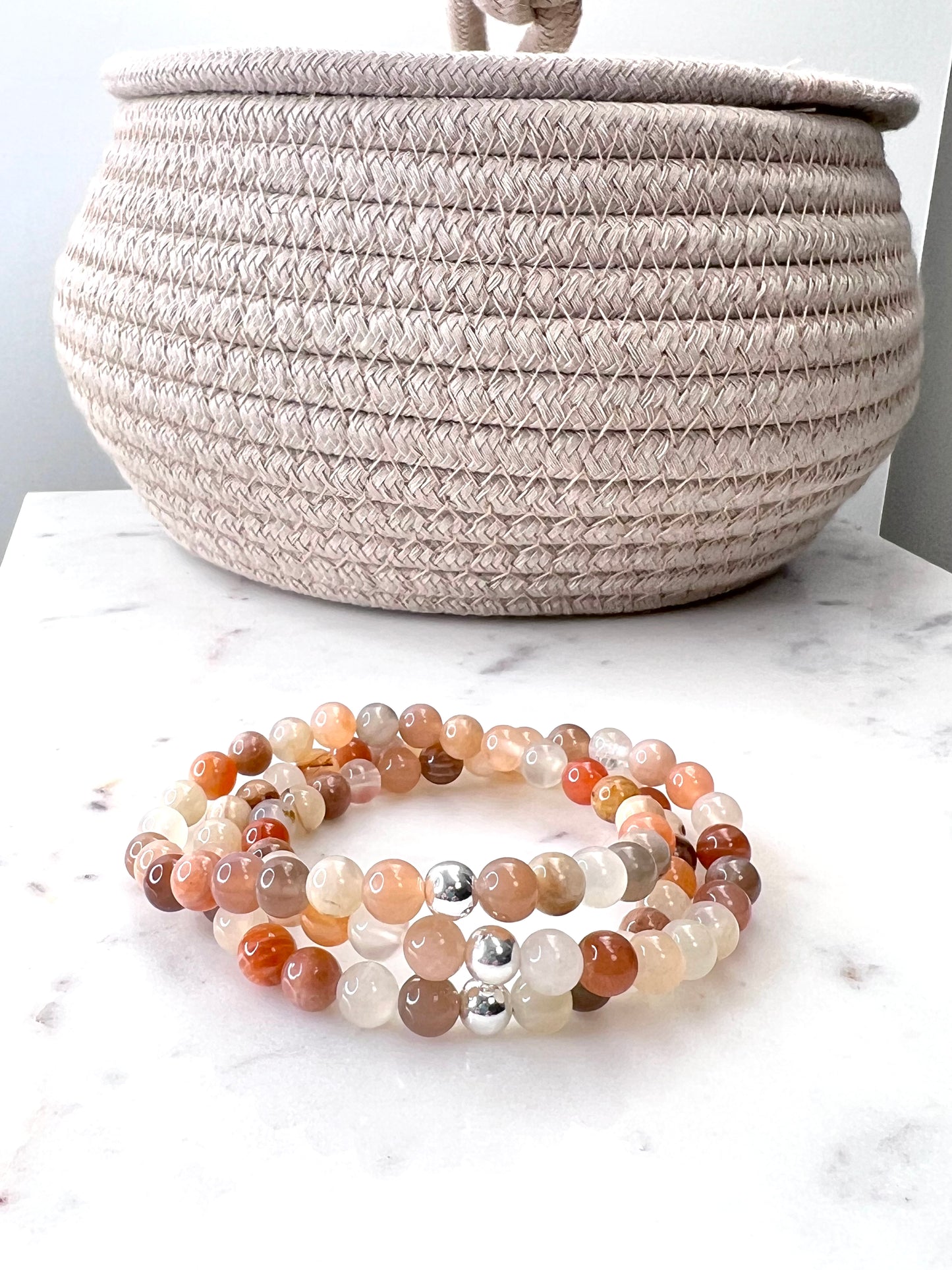 Load image into Gallery viewer, peach, grey and white moonstone stretch bracelet w/ one sterling silver connector bead

