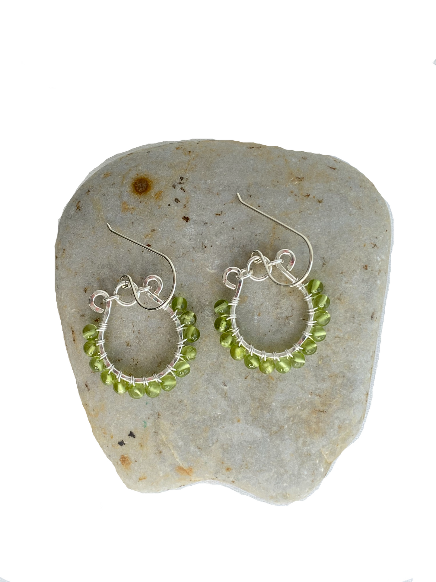 Green Peridot wire wrapped handmade sterling silver earrings