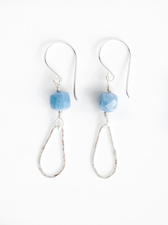 Load image into Gallery viewer, Blue Drops Earrings Denim Blue Opal square bead wire wrapped to silver teardrop component
