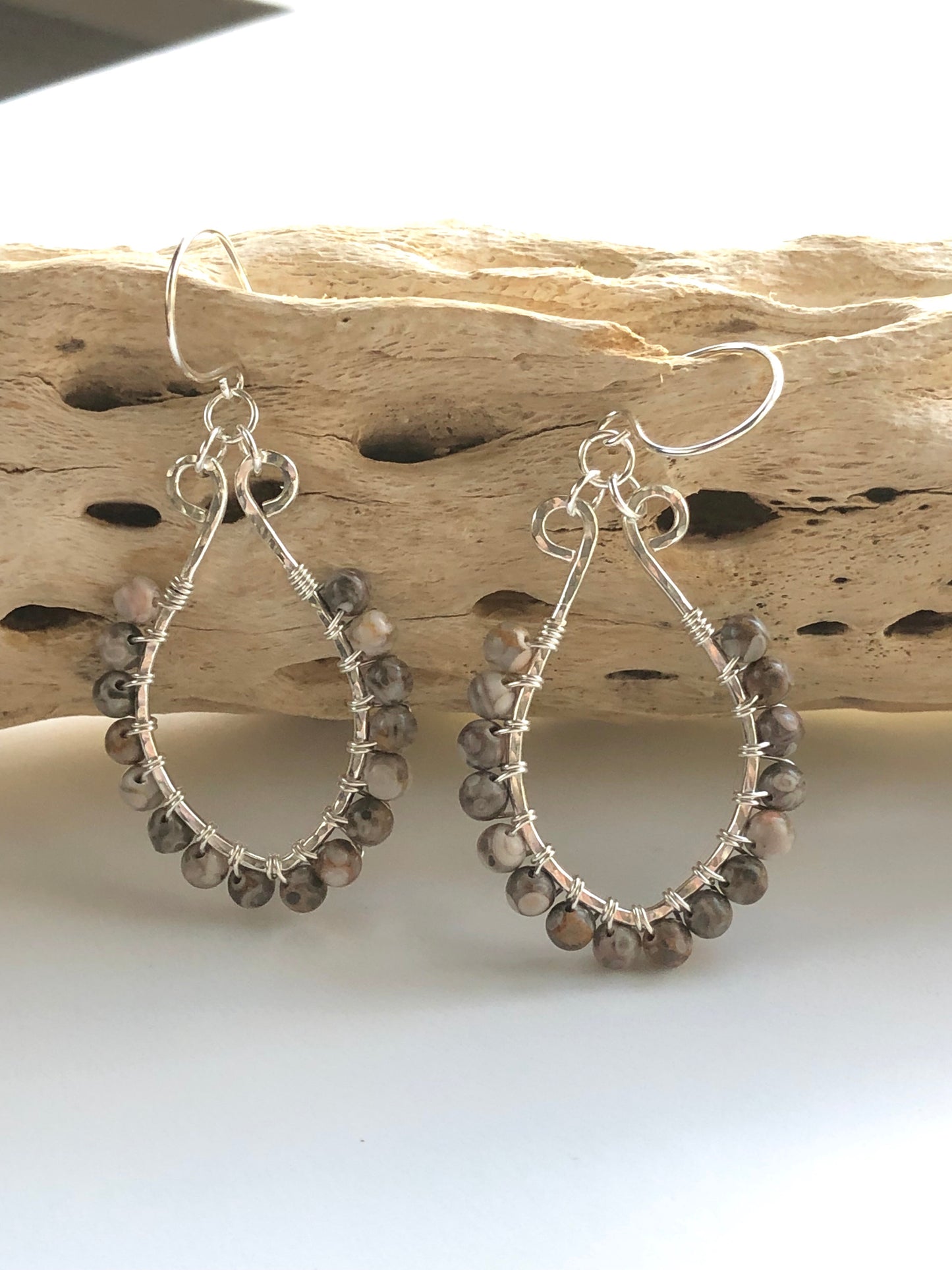 Wire wrapped maifanite and sterling silver earrings