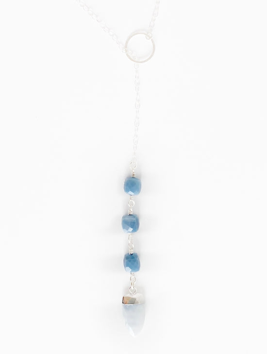 one two three necklace sterling silver lariat necklace with three square blue denim opal beads wire wrapped to a blue arrow pendant with a 20mm fine silver hammered circle