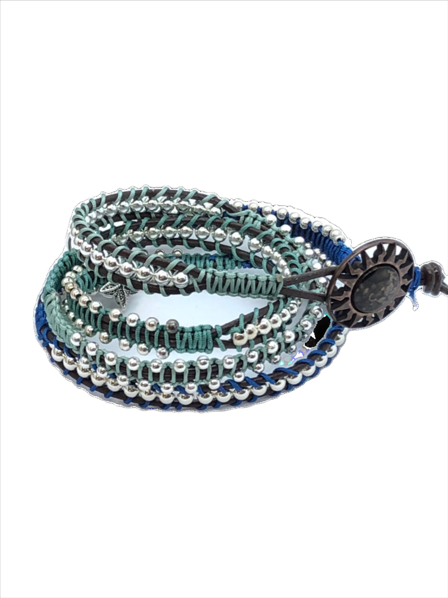 silver and leather wrap bracelet with a copper button bead. the leather is brown and the cord is green and royal blue