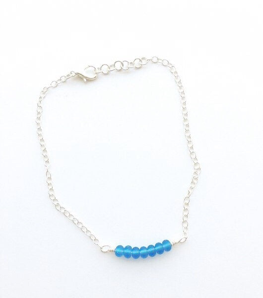 Wire wrapped ocean blue glass beads on sterling silver anklet