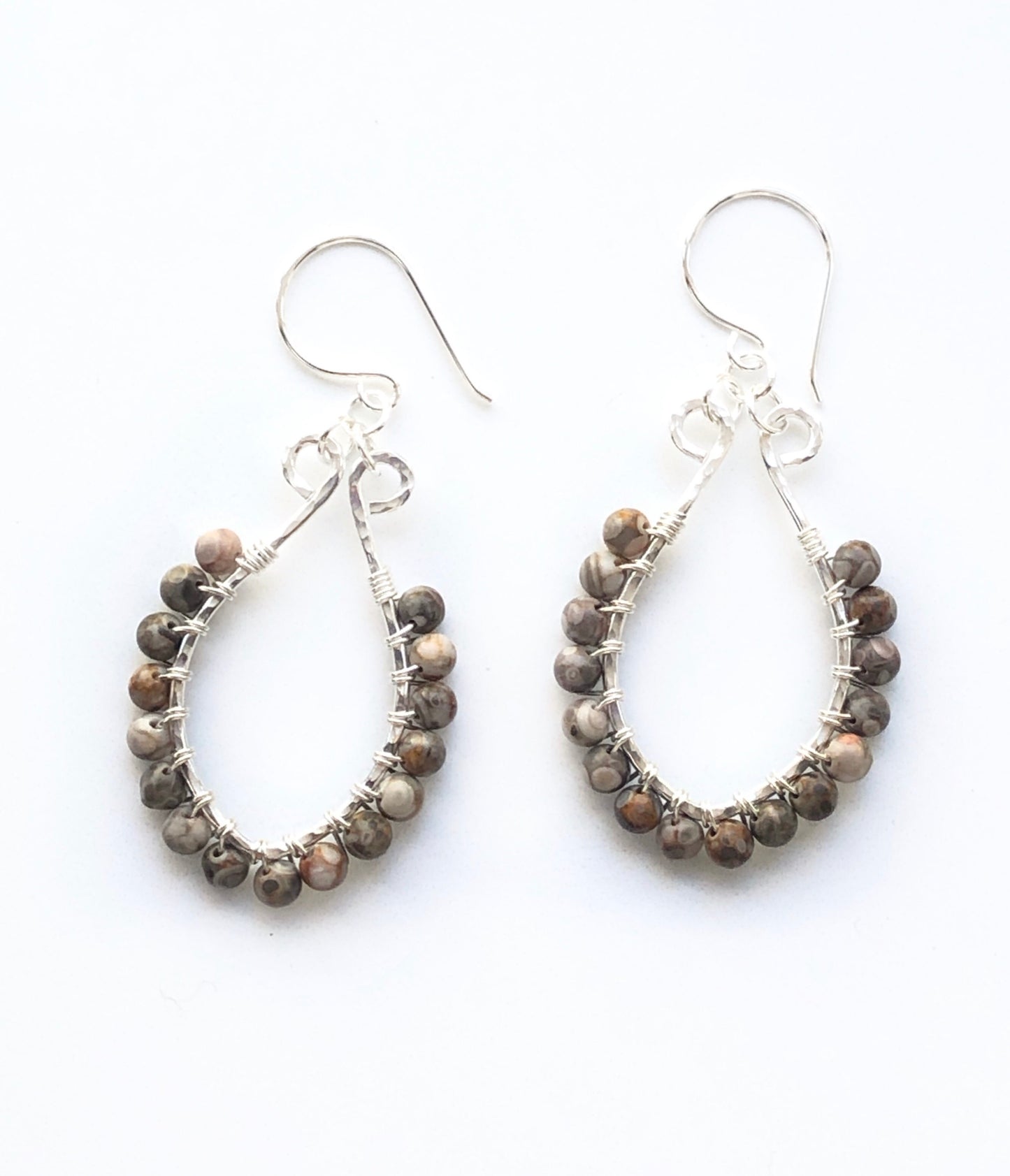 Wire wrapped maifanite and sterling silver earrings