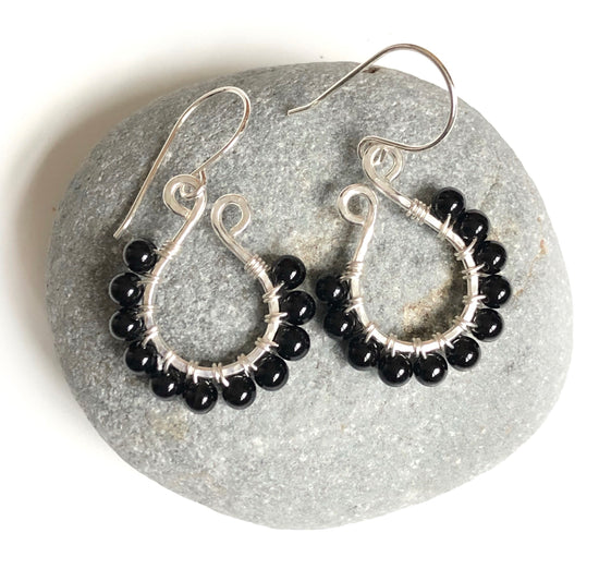 Black Onyx beads wire wrapped onto Sterling silver earrings